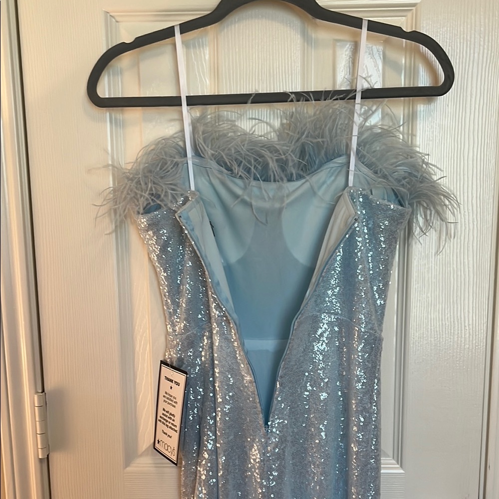 NWT B. Darlin Blue Sequin Feather Cocktail Dress - Picture 8 of 11